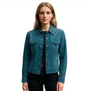 Valerie Stevens Medium Teal Blue Suede Leather Short Jacket Lined Snap Close